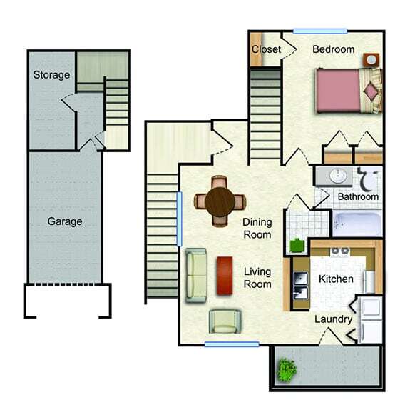 The Aspen: 1 bed, 1 bath 917 sq. ft. floor plan with garage and storage in Lawrence, KS