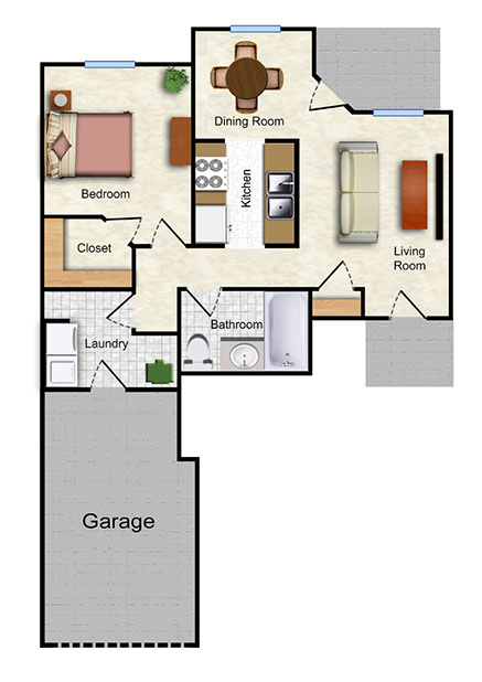 The Lilac: 1 bed, 1 bath 834 sq. ft. with garage floor plan at Park West Gardens